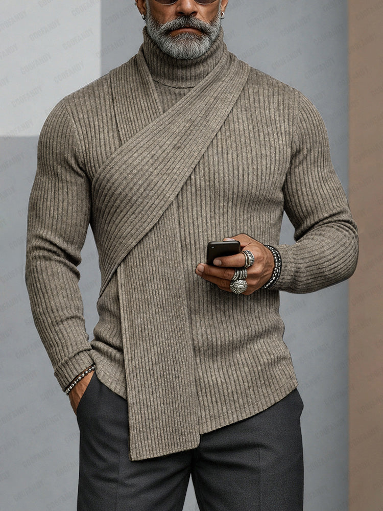 turtleneck dress shirt Minimalism Turtleneck Scarf-Decorated Knit Undershirt Khaki / L