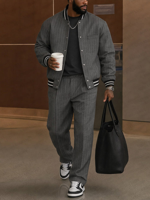 Casual Striped Bomber Jacket Pants Set