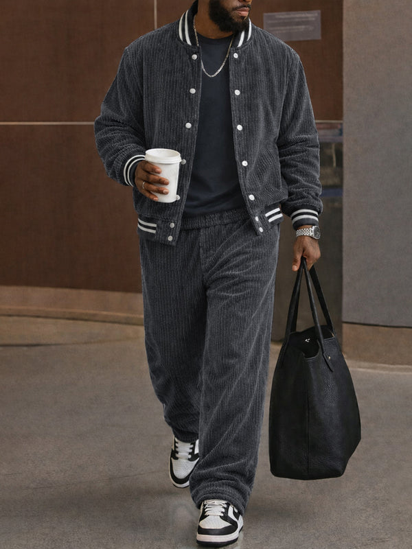 Corduroy Contrast Stripe Trim Jacket and Pants Set