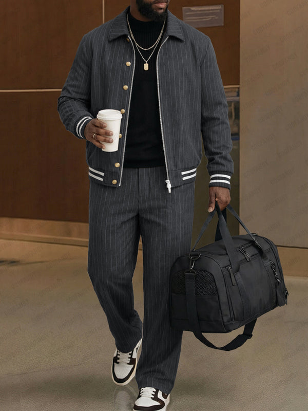 Casual Pinstripe Bomber Jacket and Pants Set