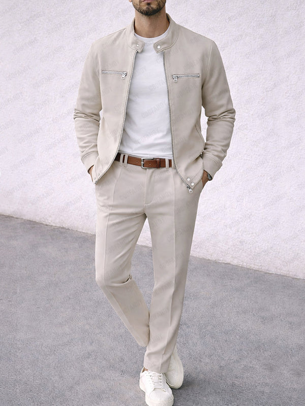 Casual Faux Suede Racer Jacket Pants Set