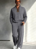 Casual Contrast Stand Collar Shirt Pants Set