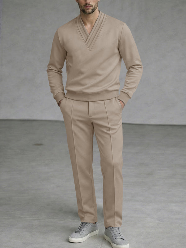 Casual Simple Pleated Collar Top and Pants Set