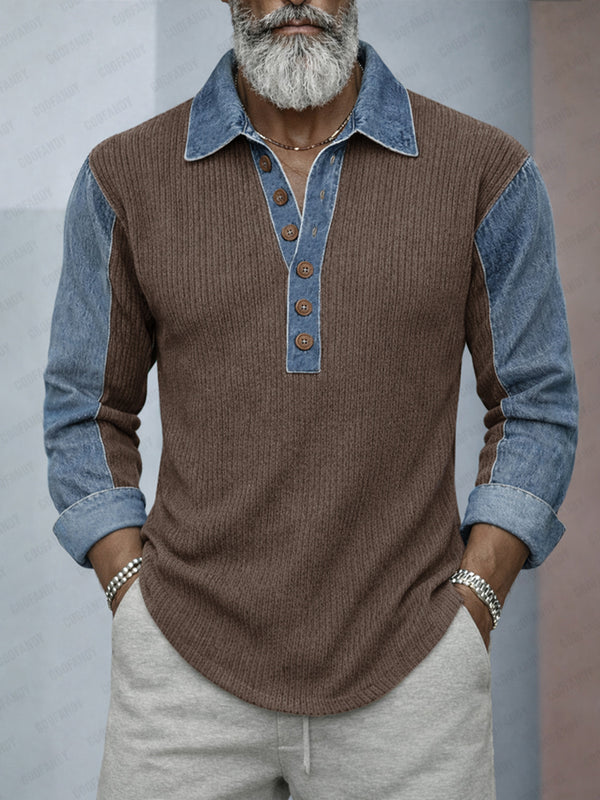 Casual Denim Patchwork Contrast Knit Shirt