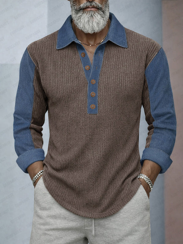 Casual Denim Patchwork Contrast Knit Shirt