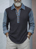 Casual Denim Patchwork Contrast Knit Shirt