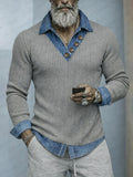 Stylish Denim Patchwork Fake Two-Piece Knit Shirt