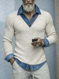 Stylish Denim Patchwork Fake Two-Piece Knit Shirt
