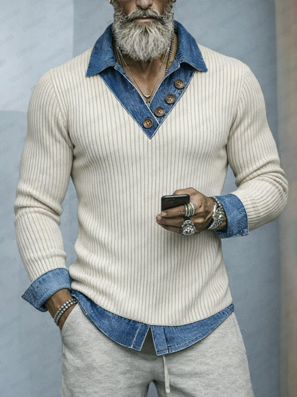 Stylish Denim Patchwork Fake Two-Piece Knit Shirt