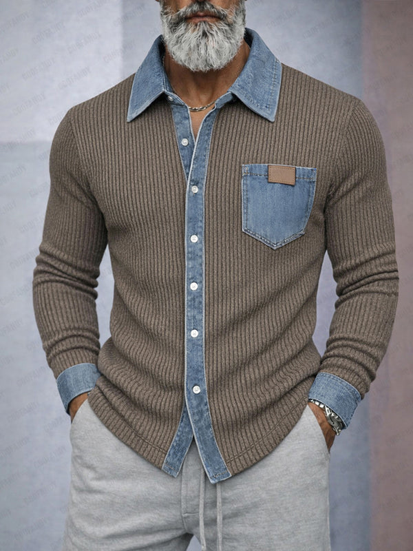 Casual Comfort Contrast Denim Panel Knit Shirt