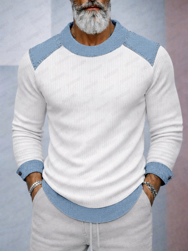 Casual Versatile Denim Patchwork Knit Top