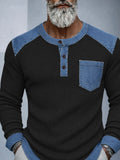 Stylish Denim Patchwork Knit Henley Shirt