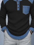 Stylish Denim Patchwork Knit Henley Shirt