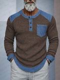 Stylish Denim Patchwork Knit Henley Shirt