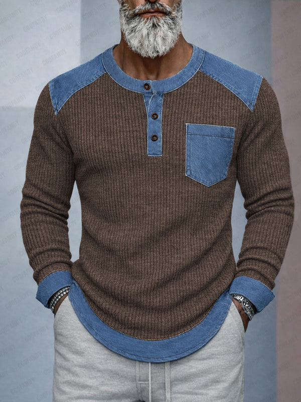 Stylish Denim Patchwork Knit Henley Shirt