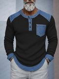 Stylish Denim Patchwork Knit Henley Shirt
