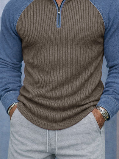 Stylish Two-Tone Denim Splicing Ribbed Knit Top – COOFANDY