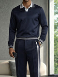 Casual Contrast Striped Polo Shirt Pants Set