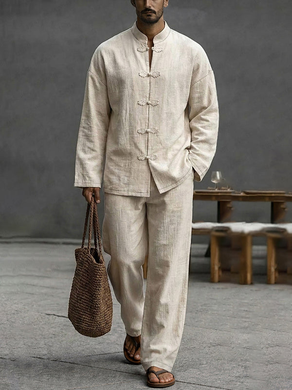 Minimalist Cotton Frog Button Long Sleeve Shirt Set