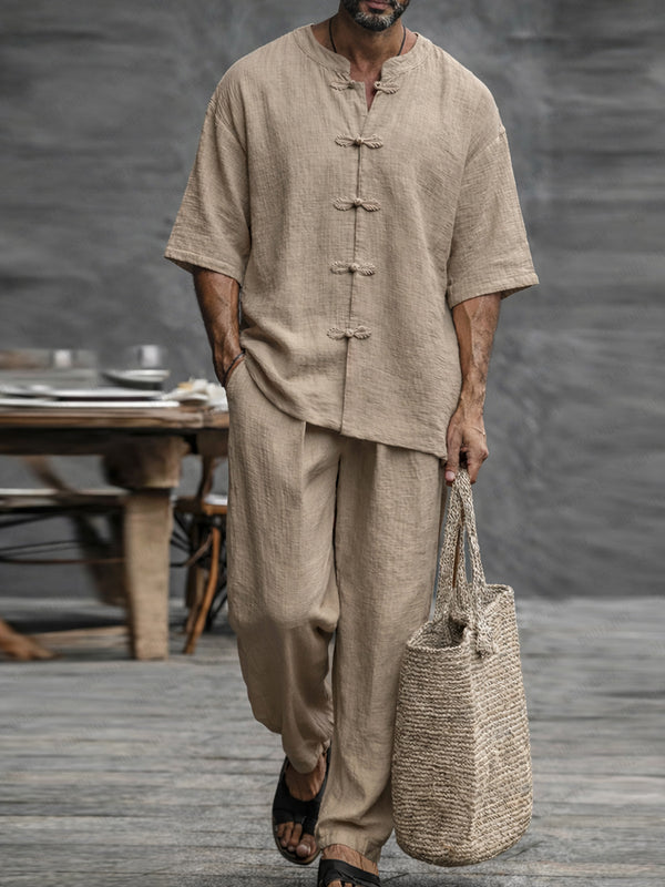 Minimalist Cotton Frog Button Short Sleeve Shirt Set