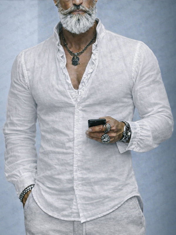 Ruffled Neckline Cotton Long Sleeves Shirt