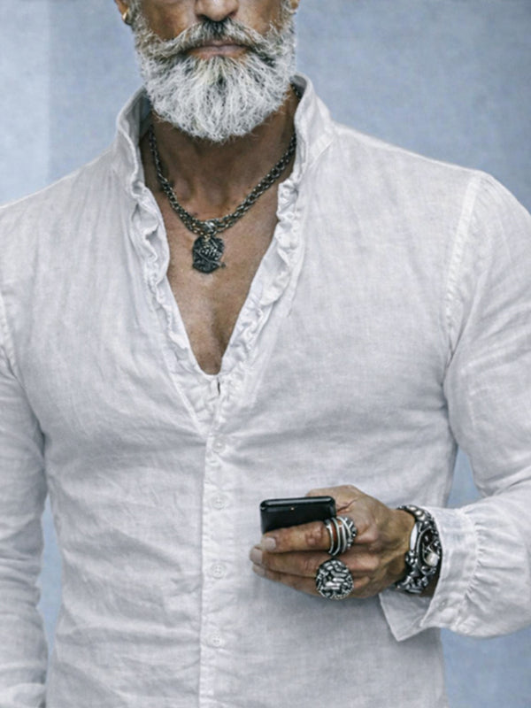 Ruffled Neckline Cotton Long Sleeves Shirt