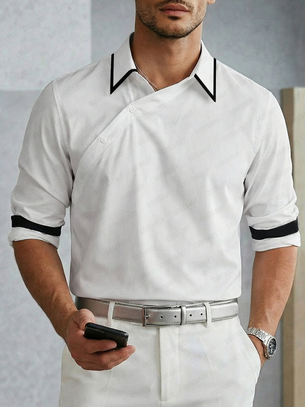 Casual Slant Placket Long Sleeve Cotton Shirt