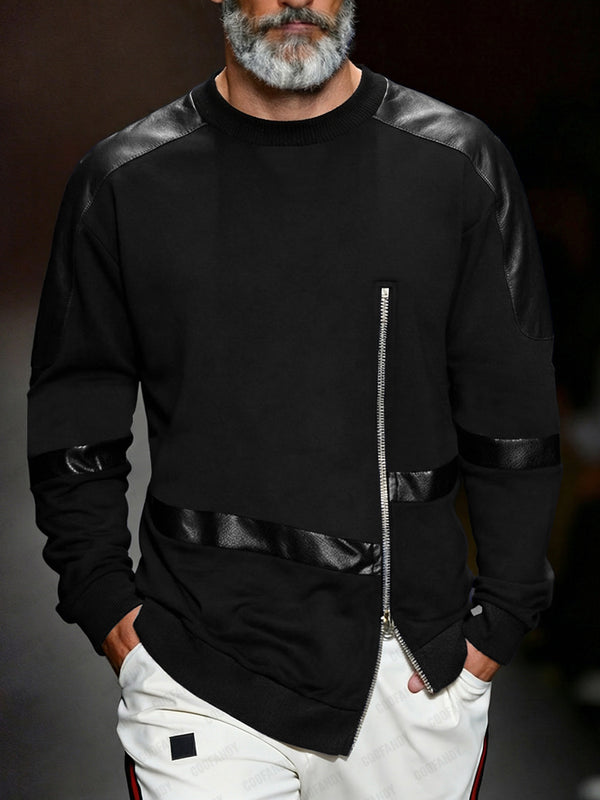 Trendy Gothic Leather Panel Zipped Sweatshirt