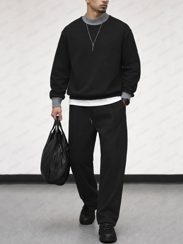 Urban Casual Contrast Ribbed Sweatshirt Set