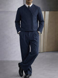 Trendy Pinstripe Cross Placket Jacket Pants Set