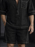 Summer Casual 100% Cotton Henley Shirt Set
