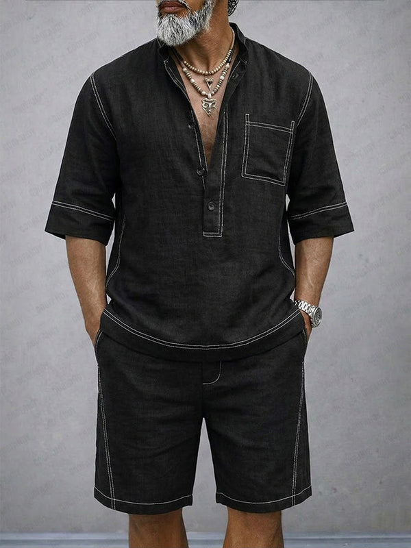 Summer Casual 100% Cotton Henley Shirt Set