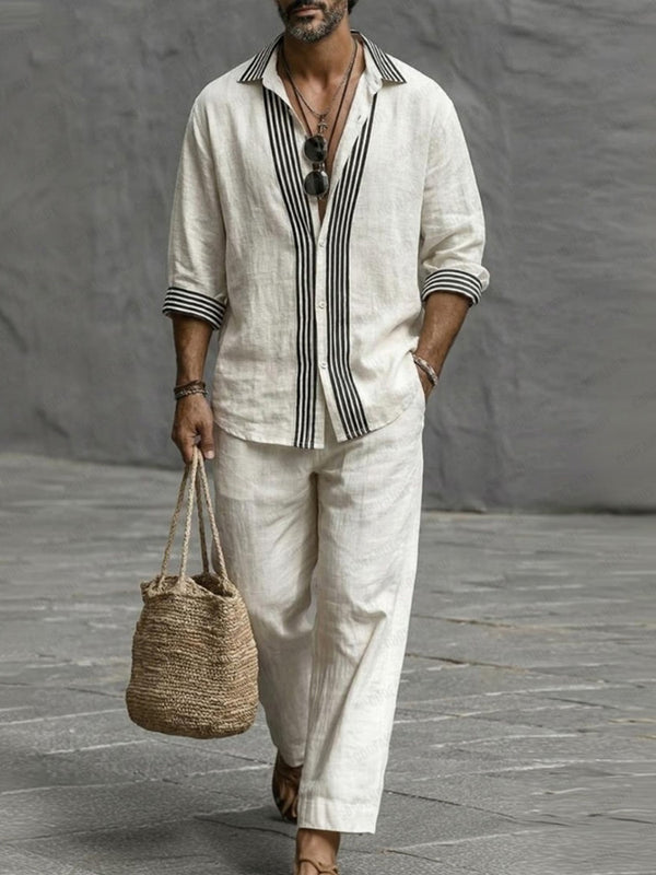 Nature Style Stripe Cotton Shirt and Pants Set