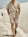 Minimalist Short Sleeves Shirt Shorts Set with Scarf Tie Closure