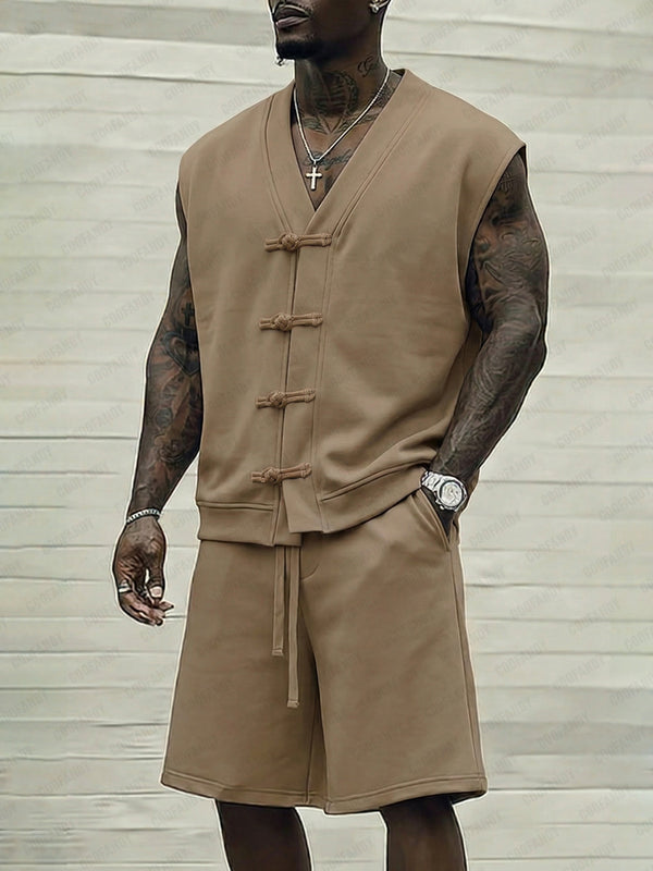 Casual Sleeveless Frog Button 2-Piece Set