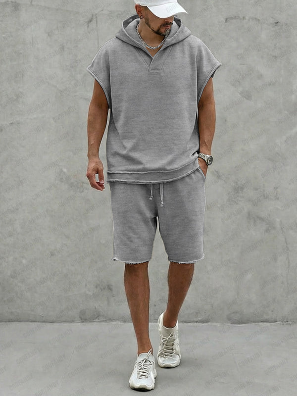 Casual Summer Raw Edge Hoodie Shorts Set