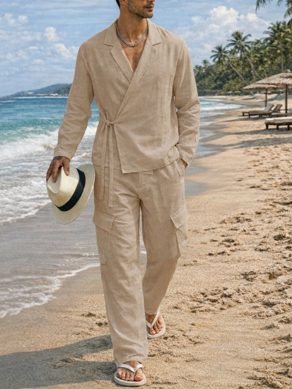 Casual Cotton Slant Placket Shirt Pants Matching Set