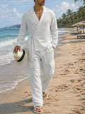 Casual Cotton Slant Placket Shirt Pants Matching Set
