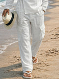 Casual Cotton Slant Placket Shirt Pants Matching Set