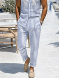 Casual Stripe Embroidered Sleeveless Shirt Pants Set