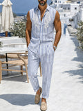 Casual Stripe Embroidered Sleeveless Shirt Pants Set