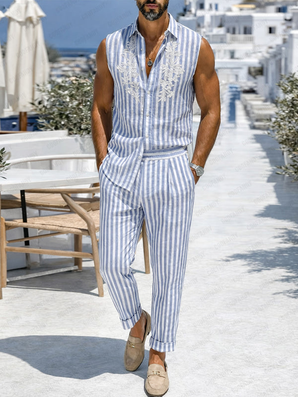 Casual Stripe Embroidered Sleeveless Shirt Pants Set