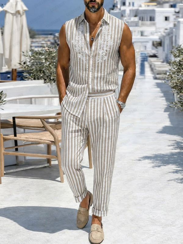 Casual Stripe Embroidered Sleeveless Shirt Pants Set
