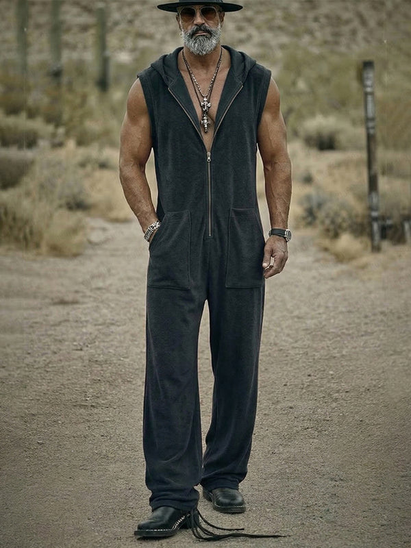 Casual Loose Front Zip Sleeveless Hooded Jumpsuit