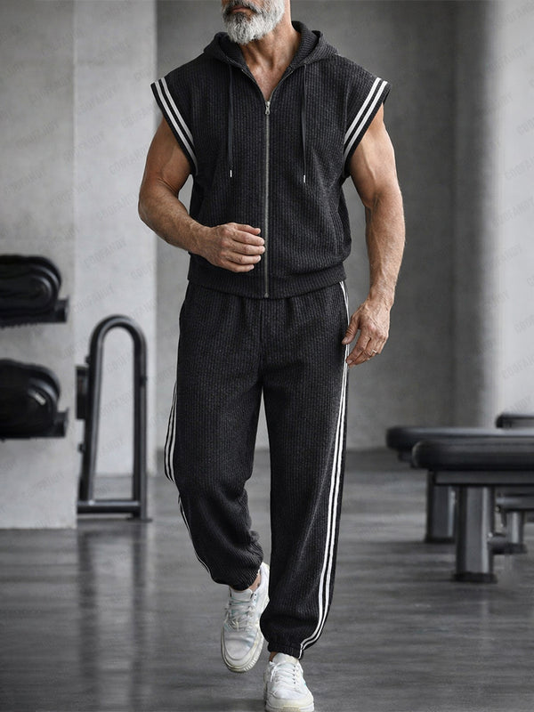 Casual Sleeveless Hooded Side Stripe Sports Set
