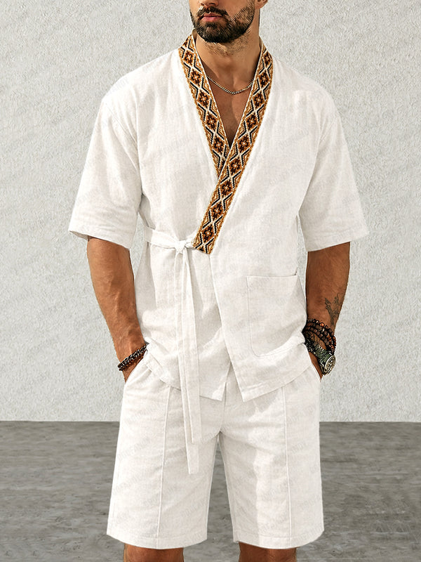 Casual Washed Cotton Kimono Shirt Shorts Set