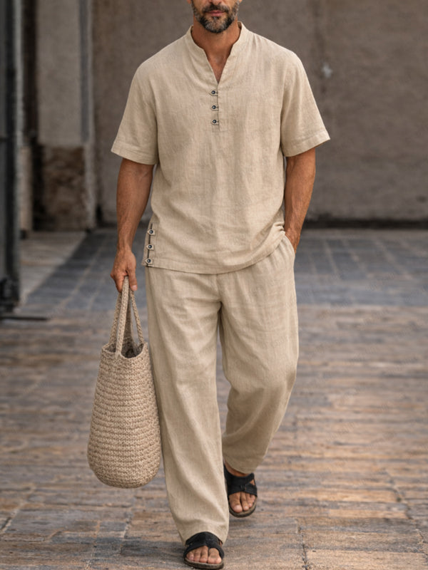 Soft Washed Cotton Henley Shirt Pants Set
