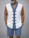 Casual Contrast Denim Textured Vest Shorts Set