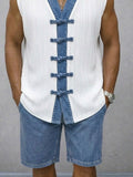 Casual Contrast Denim Textured Vest Shorts Set
