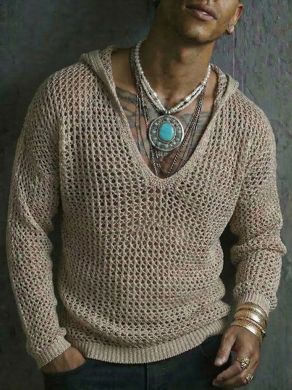 Boho Style Vacation Crochet Knit Hooded Top